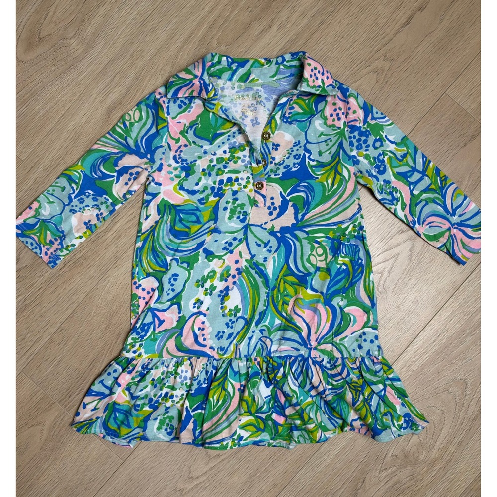 Lilly Pulitzer Girls Blue Green Pink Floral Ruffle Polo Dress Long Sleeve S 4-5